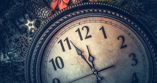Old Clock Shows Midnight. New Years Still Life.