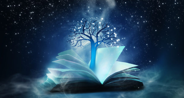 An Open Book With A Magical Fantasy. Night View Illustration Wit