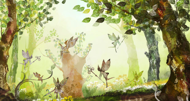 Fairy Forest, Trees, Grass, Fog, Flying Fairies