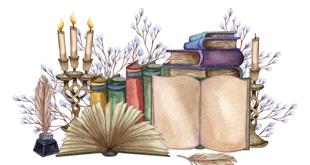 Hand Drawn Watercolor Illustration A Pile Of Old Books, Ink Bott